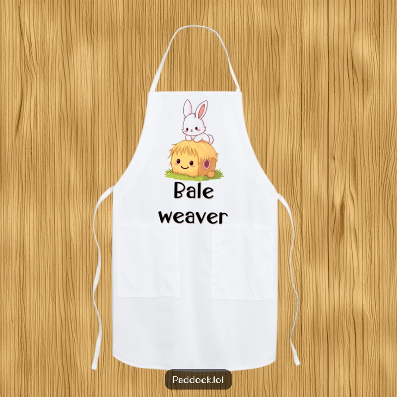 Funny bunny apron with a fluffy bunny wearing a tiny chef hat, hopping over a tiny, smiling hay bale, ready to create delicious meals.