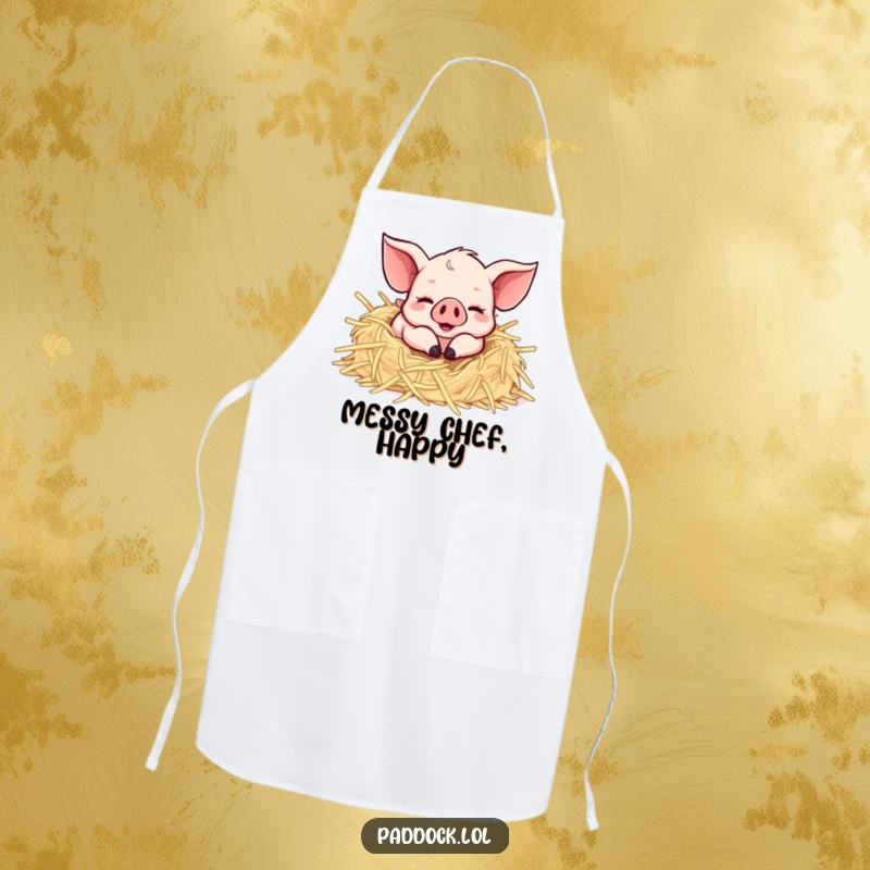 Funny Happy Piglet Apron: A humorous kitchen apron showing a piglet happily rolling in straw, designed for cheerful meal preparation.