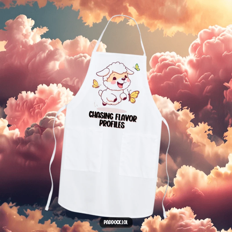 Funny Sheepdog Chase Apron: A humorous kitchen apron showing a sheepdog energetically chasing a butterfly, designed for playful cooks.