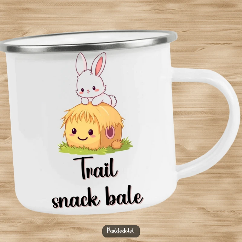 Funny bunny camping mug showing a fluffy bunny hopping over a tiny, smiling hay bale, perfect for outdoor enthusiasts who love nature's simple pleasures.