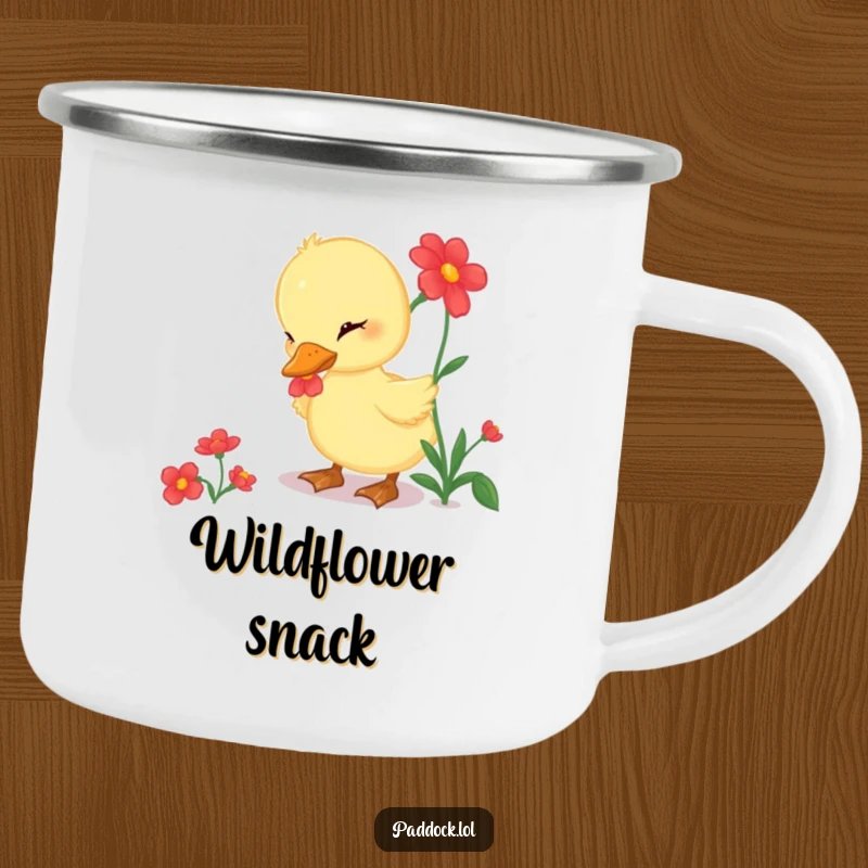 Funny Camping Mug featuring a curious duckling pecking at a bright red flower, perfect for outdoor nature lovers.