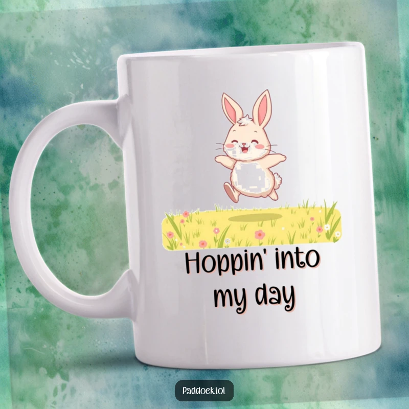 Funny mug featuring a cute, fluffy bunny joyfully hopping through a green field, evoking a sense of happiness and spring.