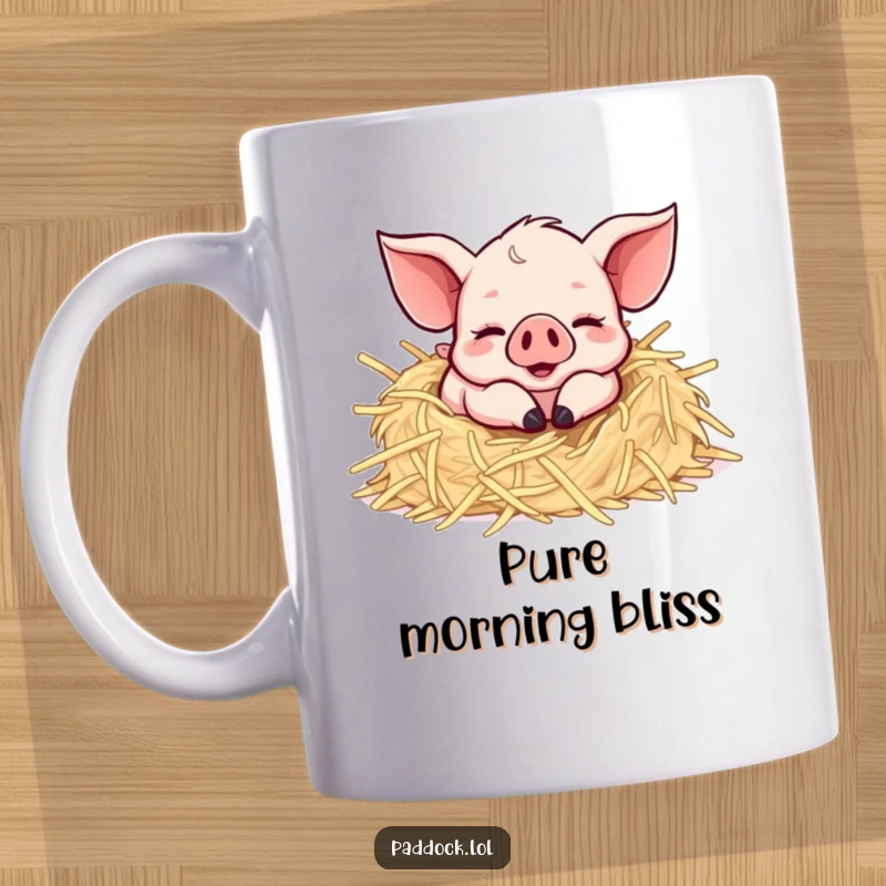 Funny Happy Piglet Rolling Mug: A cheerful piglet joyfully rolling in soft straw, conveying pure, unadulterated happiness and humor.
