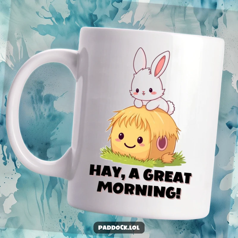 Funny bunny mug featuring a fluffy bunny joyfully hopping over a tiny, smiling hay bale, capturing a moment of pure, unadulterated happiness.