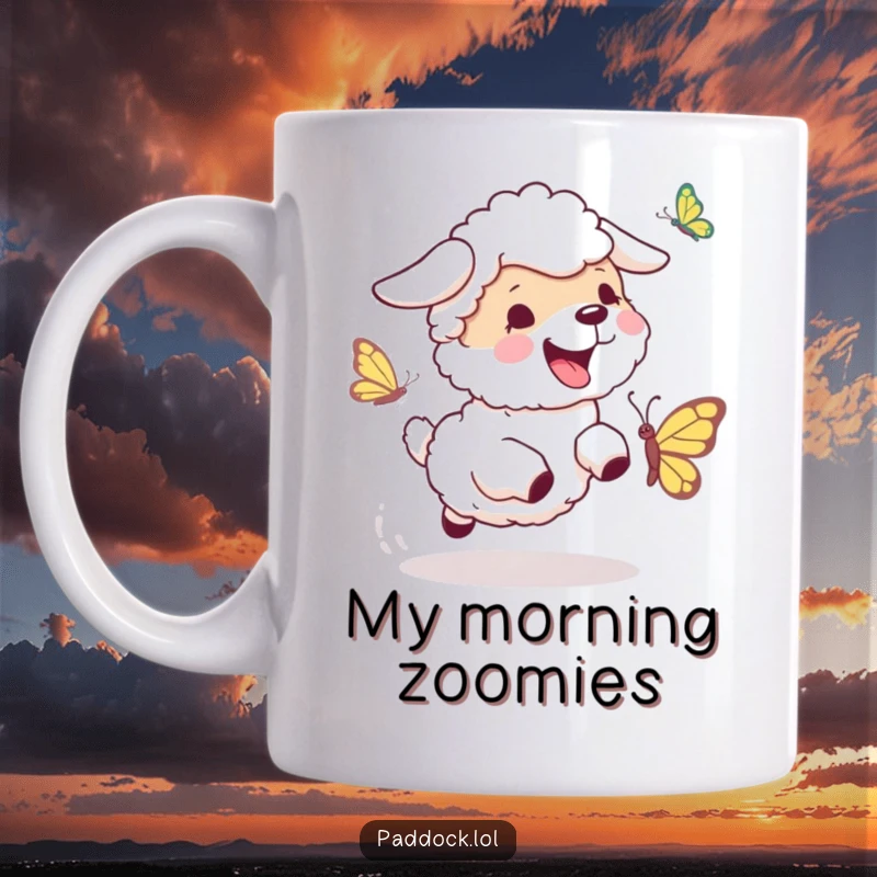 Funny Sheepdog Butterfly Mug: A happy sheepdog playfully bouncing while chasing a giggling butterfly, showcasing energetic canine humor.