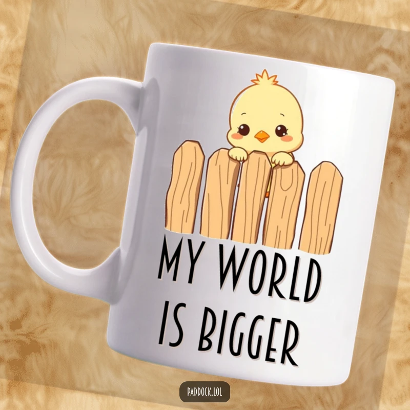 Funny Chick Peeking Mug: A curious baby chicken with wide eyes peeking over a rustic wooden fence, radiating pure, innocent humor.