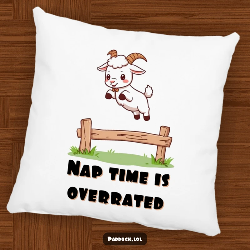 Funny decorative pillow featuring a happy goat effortlessly leaping over a wooden fence, adding a touch of playful humor to any seating area.