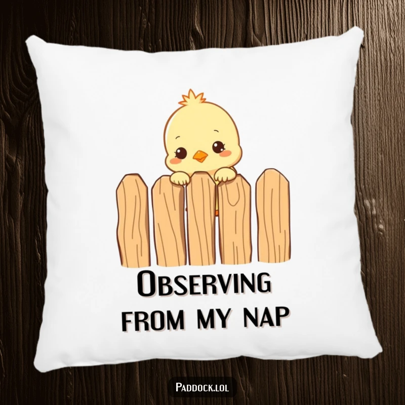 Funny Curious Chick Pillow: A plush decorative pillow featuring a funny chick peeking over a fence, perfect for adding comfort and humor.