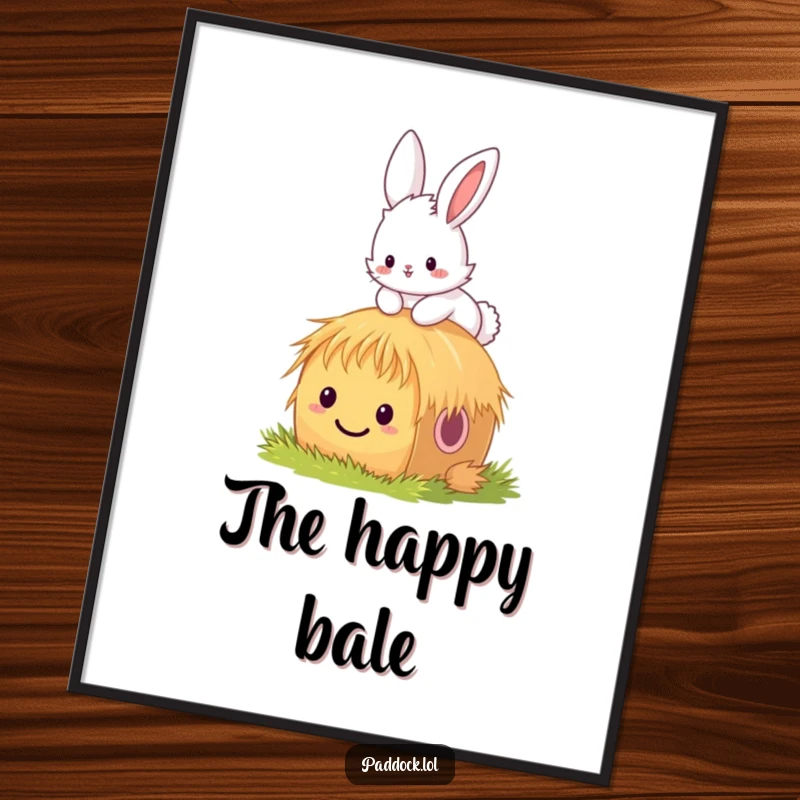 Funny bunny digital art print of a fluffy bunny hopping over a tiny, smiling hay bale, ideal for adding whimsical decor and humor.