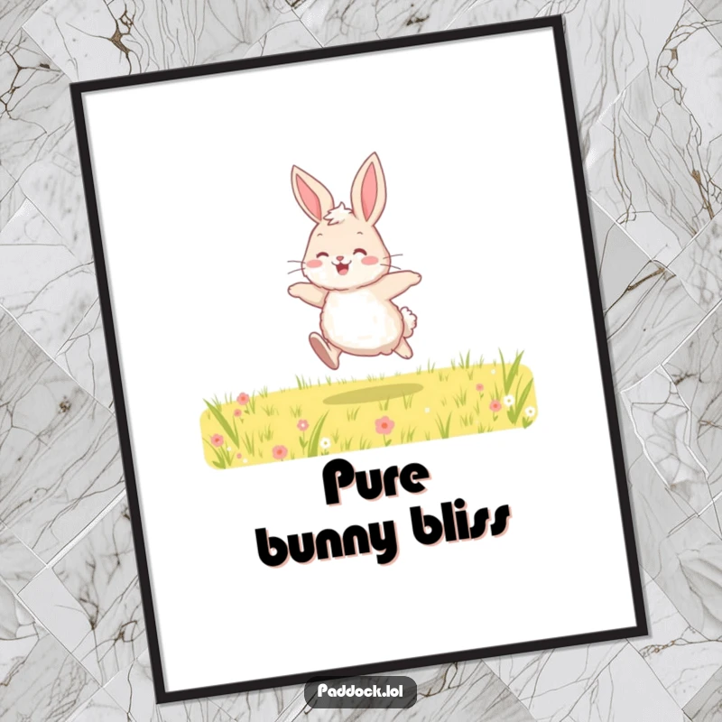 Funny digital art print of a fluffy bunny joyfully hopping across a field, perfect for printable wall decor and evoking a feeling of happiness.