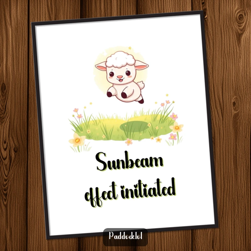 Funny Playful Lamb Digital Art Print: A high-quality, printable image of a lamb leaping through a sunbeam in a meadow, full of light and joy.