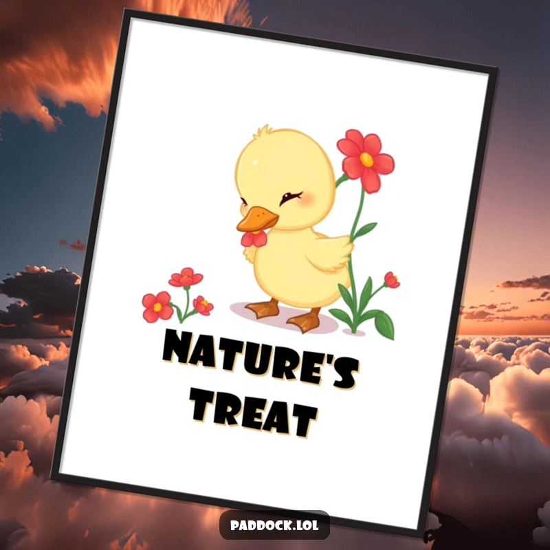 Funny Digital Art Print of a curious duckling pecking at a bright red flower, perfect for charming humorous decor.