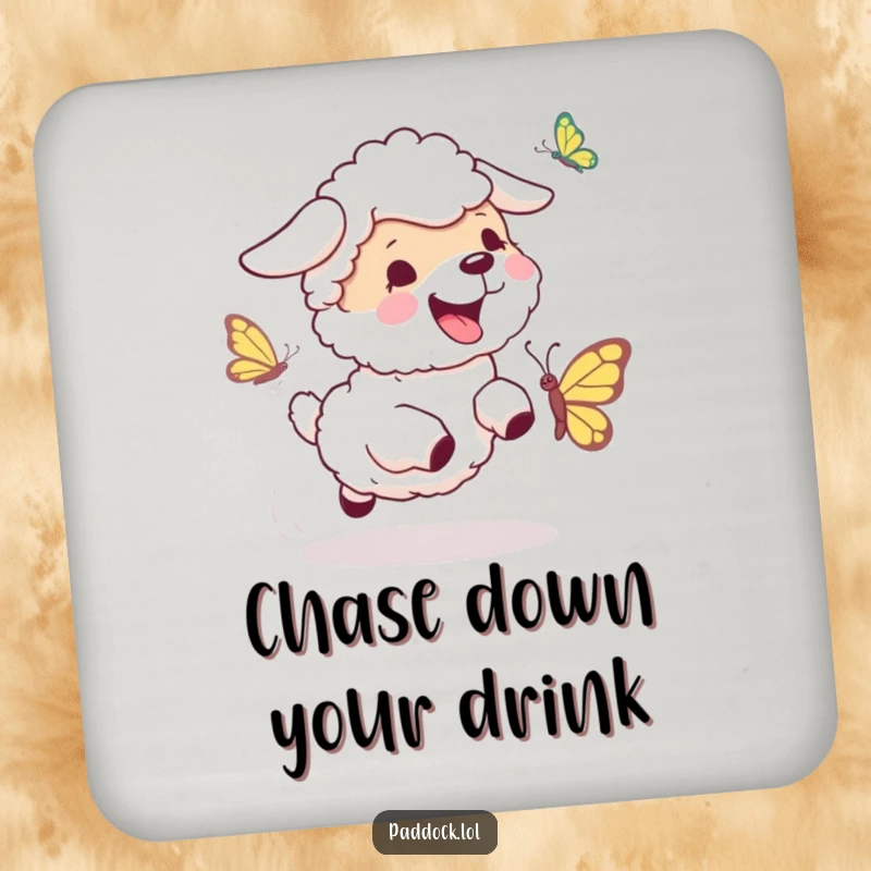 Funny Sheepdog Chase Drink Coaster: A charming coaster featuring a sheepdog chasing a butterfly, adding playful doggy humor.
