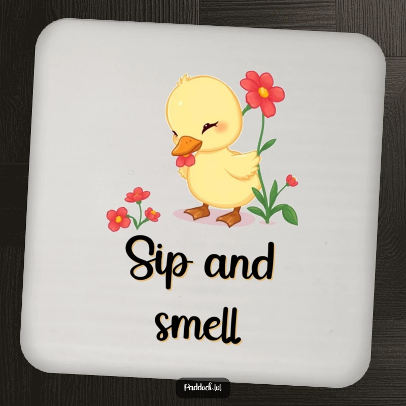 Funny Drink Coasters showing a curious duckling pecking at a bright red flower, a decorative and humorous set.
