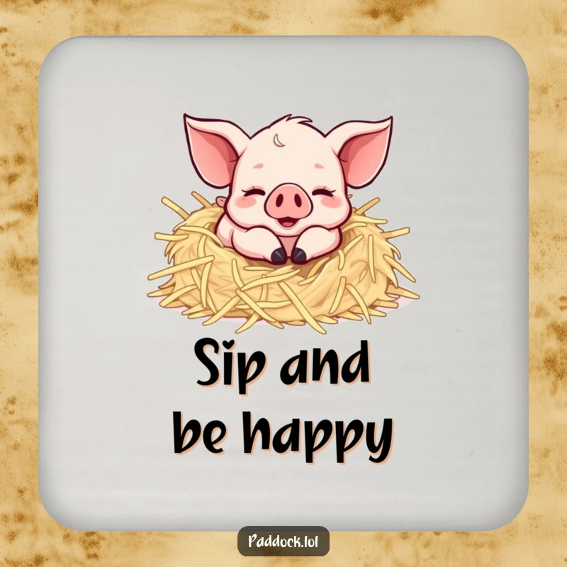 Funny Happy Piglet Drink Coaster: A charming coaster featuring a piglet rolling in straw, protecting surfaces with farmyard fun.