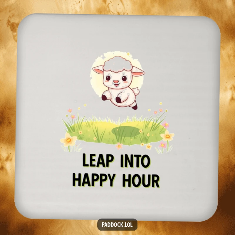 Funny Playful Lamb Drink Coaster: A charming coaster featuring a lamb leaping through a sunbeam in a meadow, adding pastoral humor.