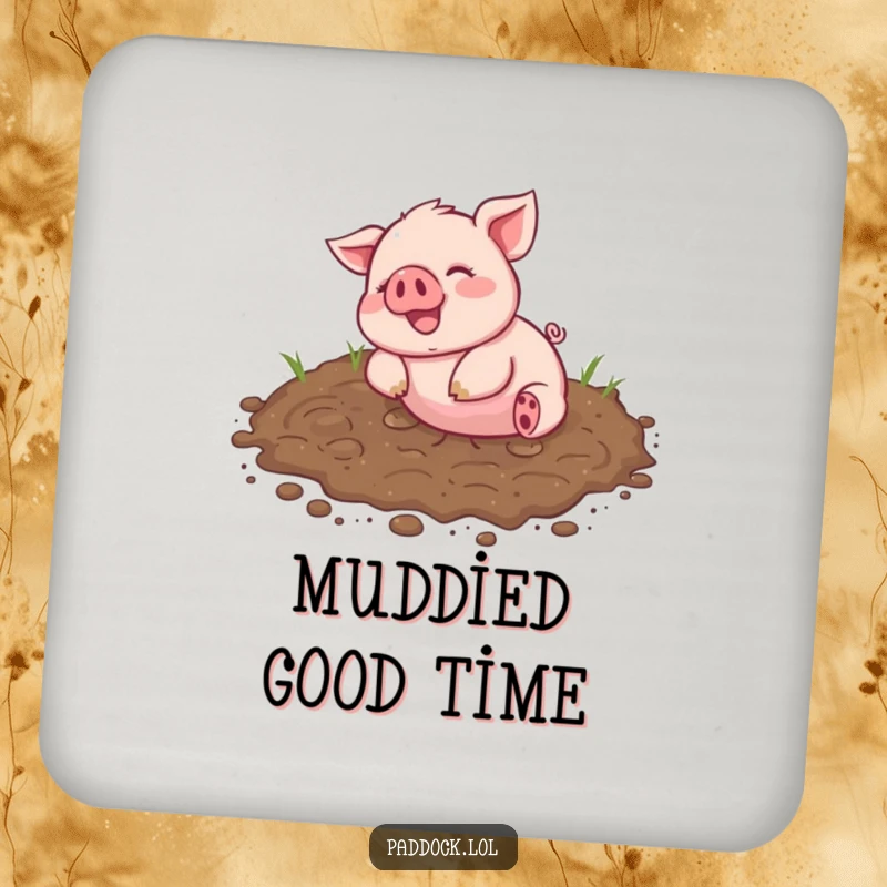 Funny Drink Coasters showing a cheerful piglet happily rolling in a muddy patch, a decorative and humorous set.