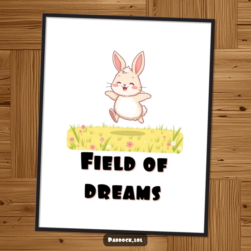 Funny poster print of a fluffy bunny hopping with pure joy through a green field, ideal for adding a cheerful and whimsical touch to any wall.