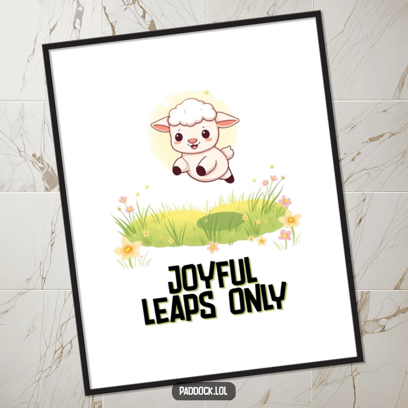 Funny Playful Lamb Poster: A cheerful wall art print of a lamb leaping through a sunbeam in a meadow, evoking happiness and light.