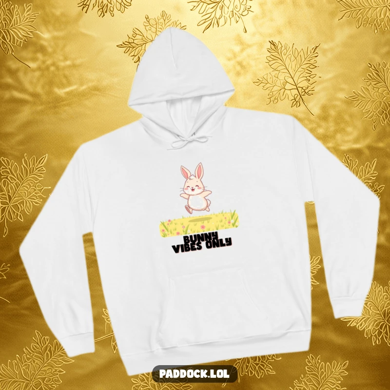 Funny hoodie featuring a fluffy bunny hopping with pure joy through a field, designed for warmth and a cheerful aesthetic.