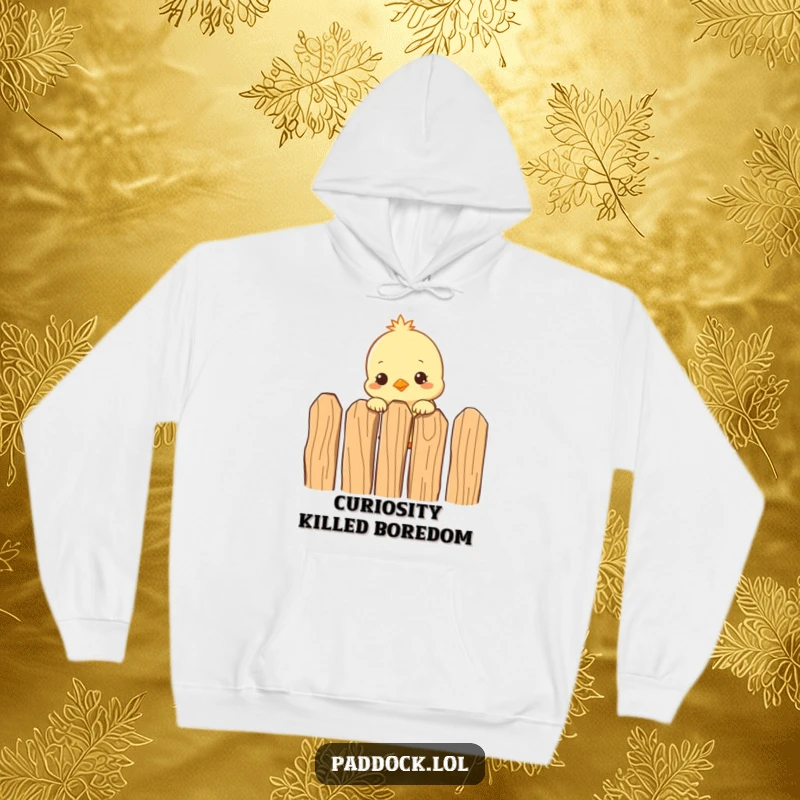 Funny Curious Chick Hoodie: A cozy sweatshirt showcasing a curious chick peeking over a fence, a humorous and warm addition to any outfit.