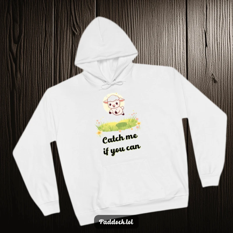 Funny Playful Lamb Hoodie: A warm sweatshirt featuring a lamb leaping through a sunbeam in a meadow, offering comfort and joyful vibes.