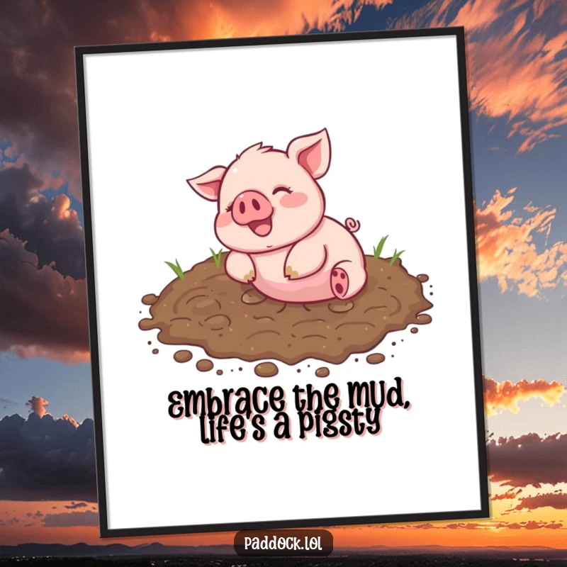 Funny free printable wall art of a cheerful piglet absolutely ecstatic while rolling around in a large, inviting muddy patch.