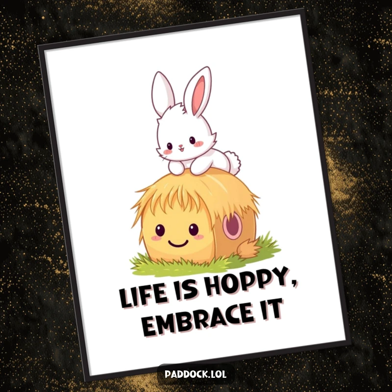 Funny free printable wall art of a fluffy bunny joyfully hopping over a tiny, smiling hay bale, radiating happiness.