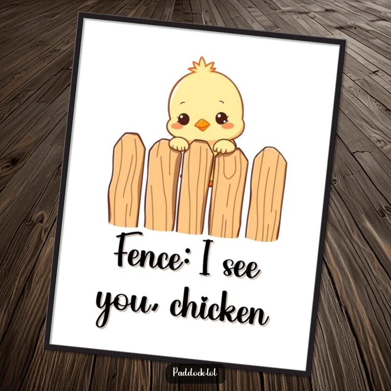Funny Free Printable Wall Art depicting a curious chick with wide eyes, peeking over a weathered wooden fence, adding a touch of humor.