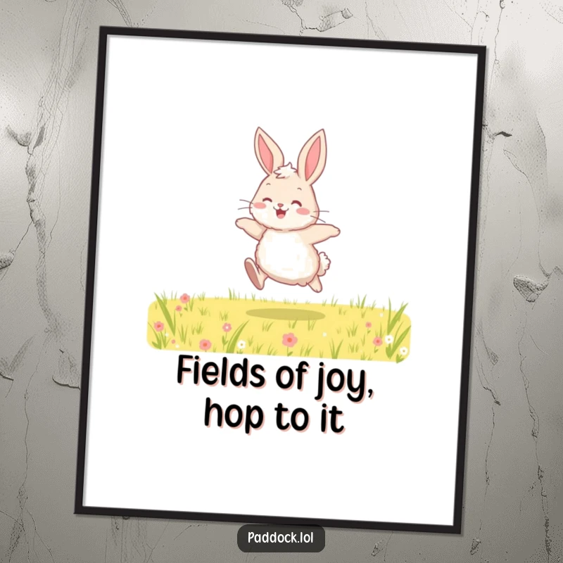 Funny Free Printable Wall Art of a fluffy bunny hopping with pure joy across a vibrant green field.