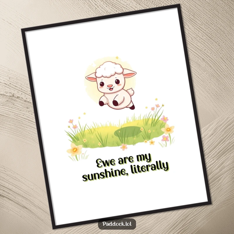 Funny Free Printable Wall Art depicting a lively lamb joyfully leaping through a sun-drenched beam in a picturesque meadow, full of life.