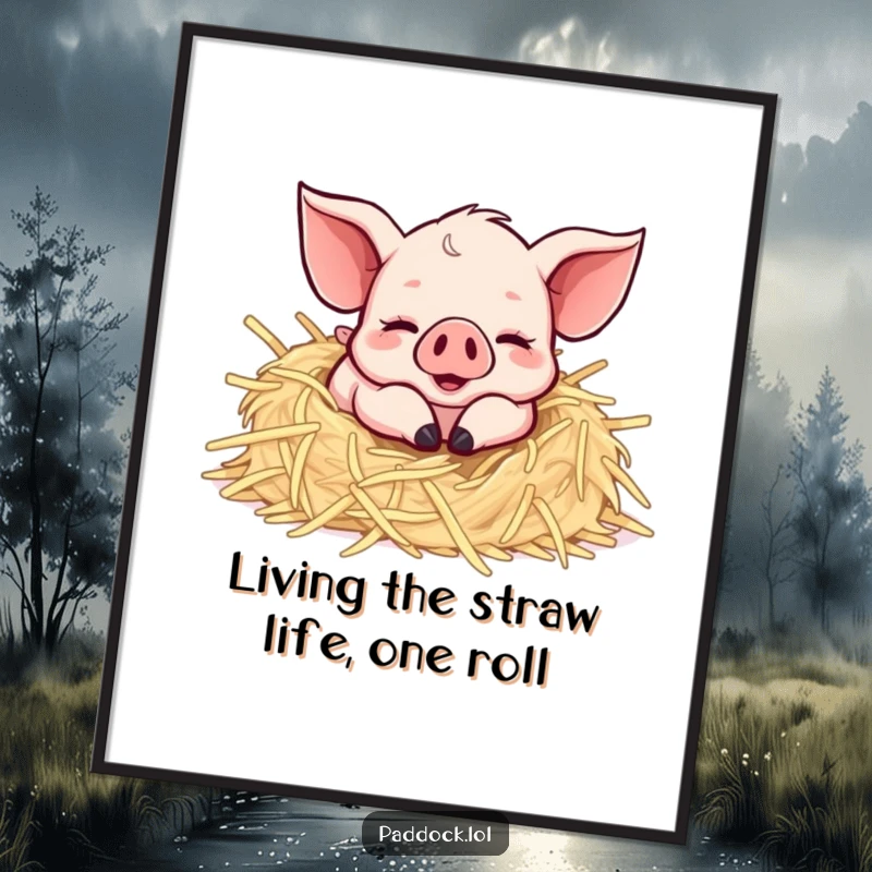Funny Free Printable Wall Art featuring a delightful piglet ecstatically rolling in a heap of soft straw, adding a playful touch.