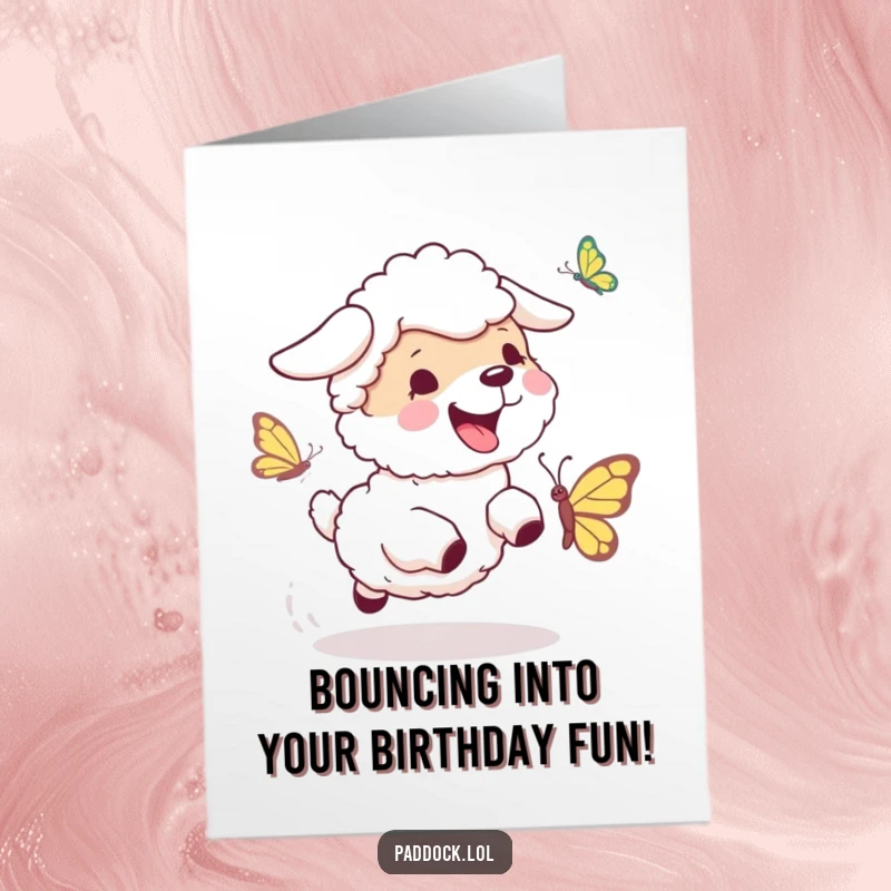 Funny Free Printable Birthday Card shows a happy sheepdog enthusiastically bouncing while chasing a giggling butterfly, perfect for birthdays.