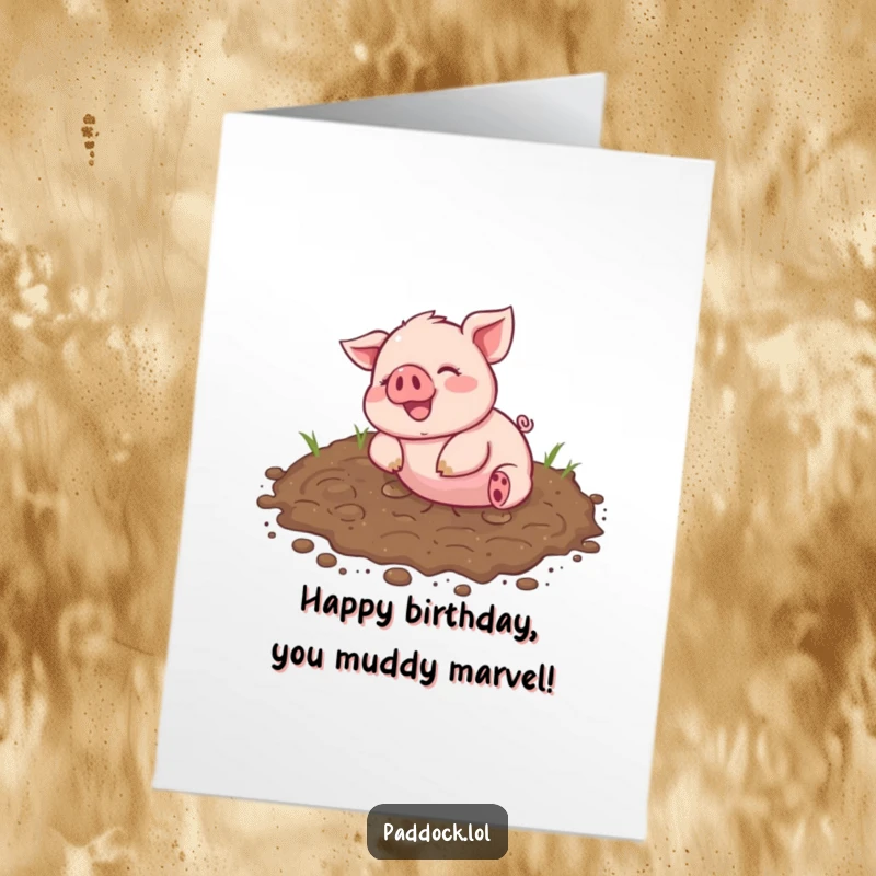 Funny free printable birthday card featuring a gleeful piglet blissfully rolling around in a delightful muddy patch.