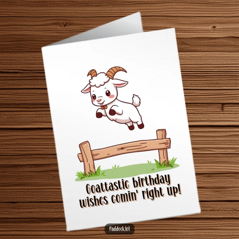 Funny Free Printable Birthday Card featuring a mischievous goat leaping gleefully over a wooden fence.