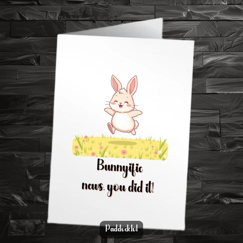 Funny Free Printable Congratulations Card with a fluffy bunny hopping happily across a sunny field.