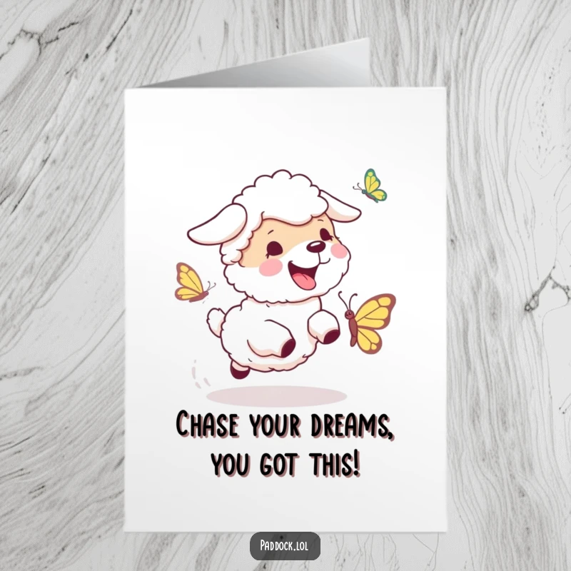 Funny Free Printable Congratulations Card featuring an energetic sheepdog joyfully bouncing after a giggling butterfly, celebrating a grand success.