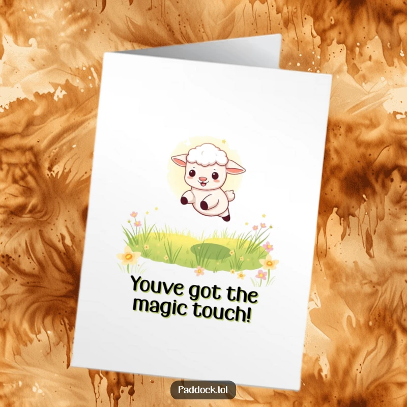 Funny Free Printable Congratulations Card showing a happy lamb playfully leaping through a golden sunbeam in a vibrant meadow, celebrating success.