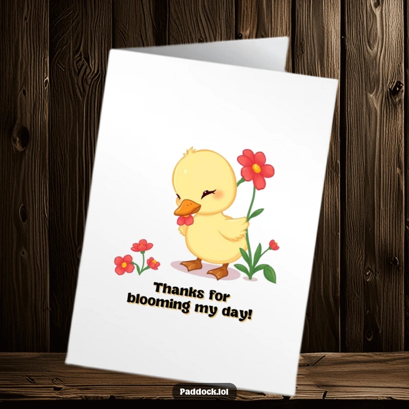 Funny free printable thank you card with a curious duckling curiously pecking at a beautiful red flower, saying thanks.