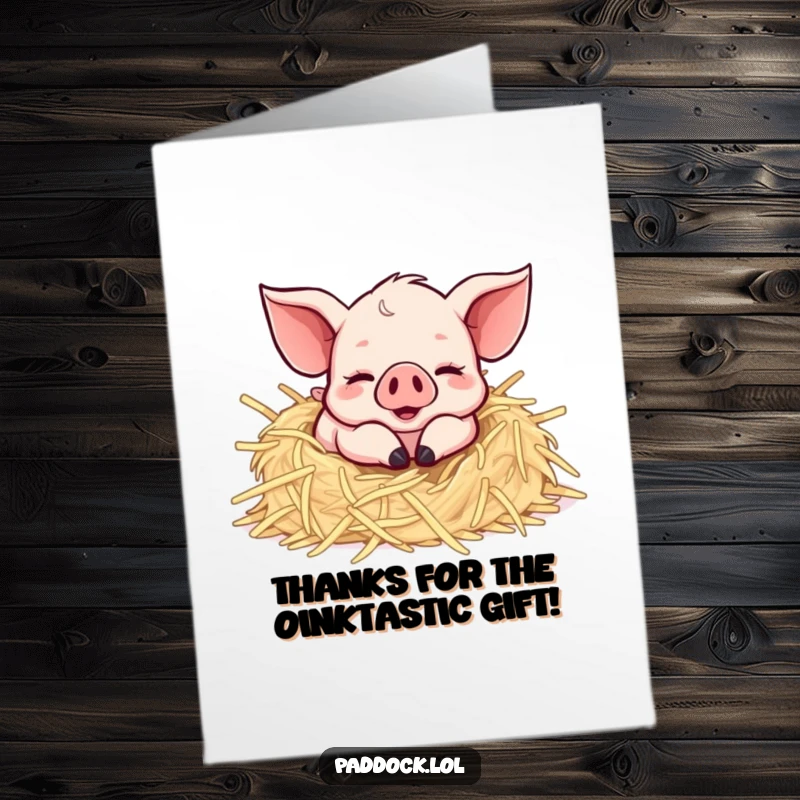 Funny Free Printable Thank You Card with a happy piglet rolling in straw, conveying sincere thanks with a cheerful vibe.
