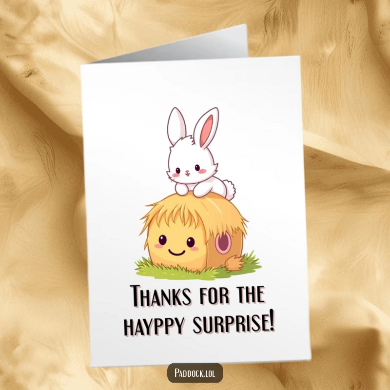 Funny free printable thank you card showing a fluffy bunny happily hopping over a tiny, smiling hay bale.