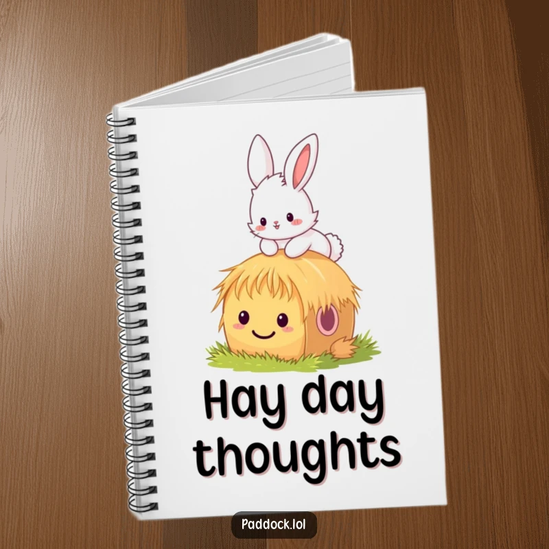 Funny bunny notebook with a fluffy bunny hopping over a tiny, smiling hay bale, inspiring cheerful thoughts and energetic note-taking.