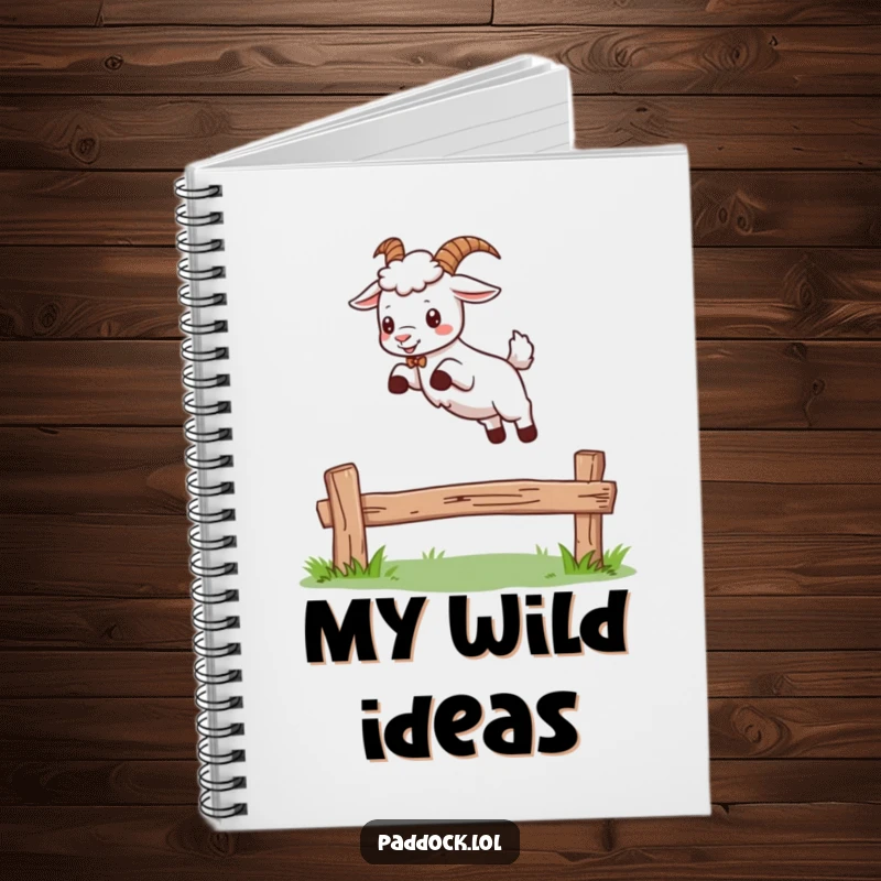 Funny notebook with a playful goat jumping over a fence on the cover, ideal for sketching, writing, or journaling with a humorous touch.