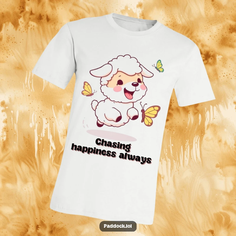 Funny Sheepdog Chase T-Shirt: A humorous graphic of a sheepdog energetically chasing a butterfly, conveying playful doggy antics.