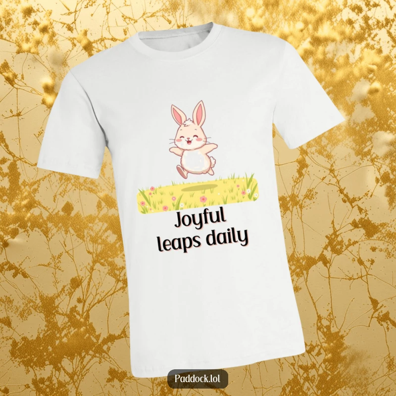 Funny t-shirt depicting a fluffy bunny in mid-hop across a vibrant field, conveying pure joy and playful energy.