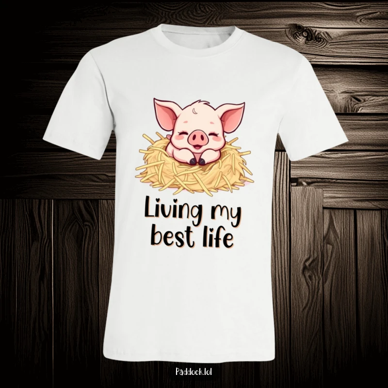 Funny Happy Piglet Rolling T-Shirt: A humorous graphic of a gleeful piglet tumbling joyfully in a pile of straw, perfect for cheerful wear.