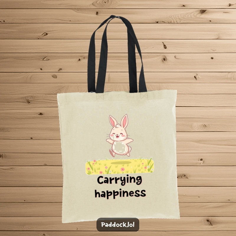 Funny tote bag showcasing a fluffy bunny joyfully hopping across a field, perfect for everyday use with a cute and happy animal theme.