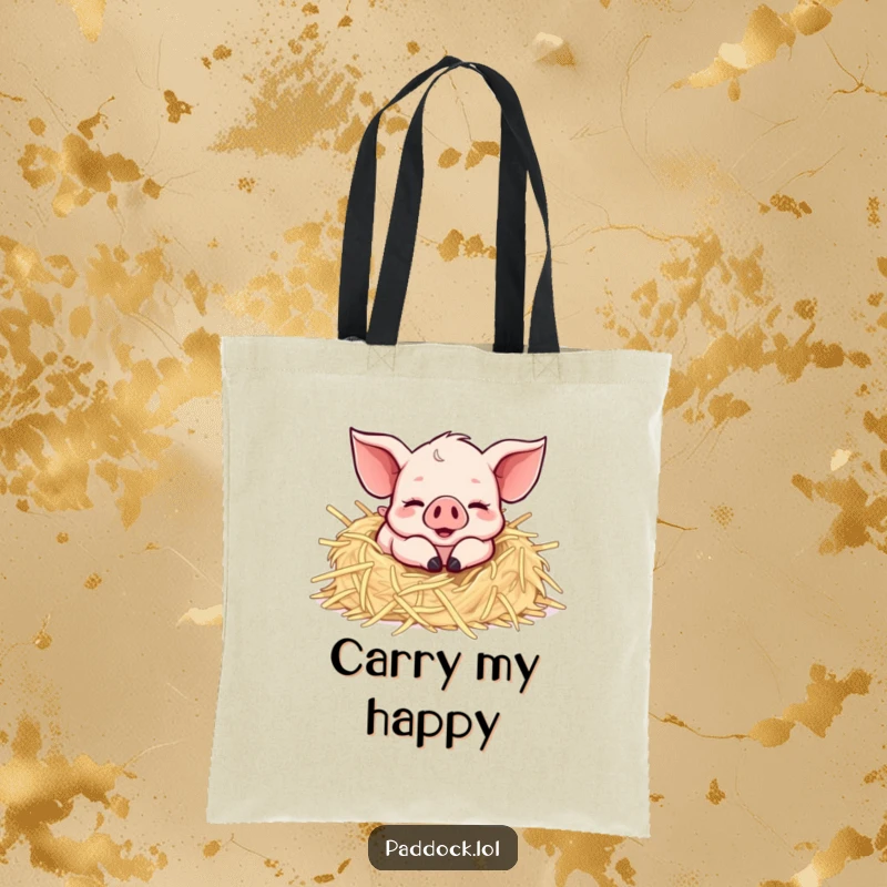 Funny Happy Piglet Tote Bag: A charming and functional bag featuring a gleeful piglet rolling in straw, bringing farmyard fun anywhere.
