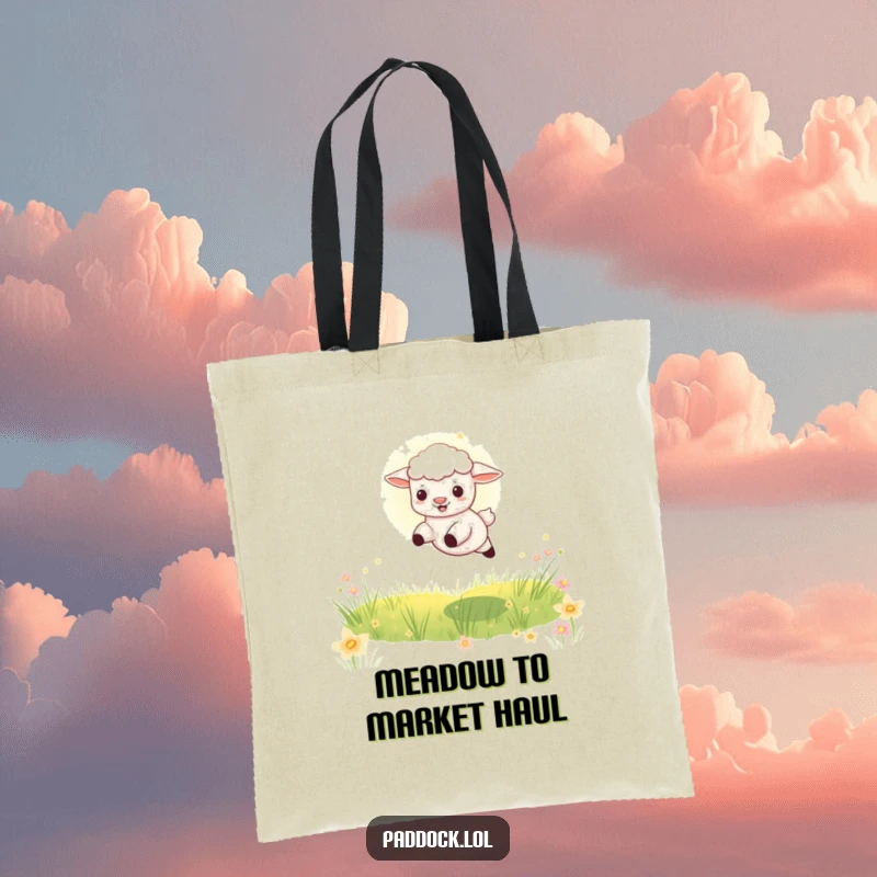 Funny Playful Lamb Tote Bag: A charming tote featuring a lamb leaping through a sunbeam in a meadow, bringing joy to everyday use.