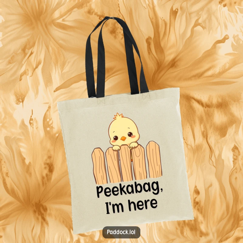 Funny Curious Chick Tote Bag: A versatile bag featuring a funny chick peeking over a fence, ideal for everyday use and humorous charm.